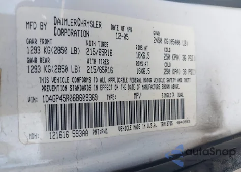 2006 Dodge Caravan Sxt z USA, uszkodzony, nr VIN 1D4GP45R06B609369